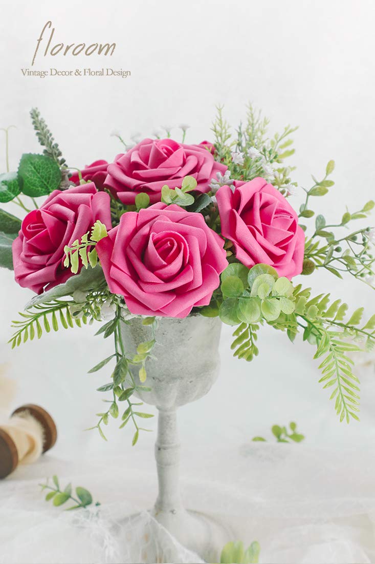 Floroom Artificial Flowers 25pcs Real Looking Hot Pink Foam Fake Roses with Stems for DIY Wedding Bouquets Bridal Shower Centerpieces Floral Arrangements Party Tables Home Decorations - Image 5